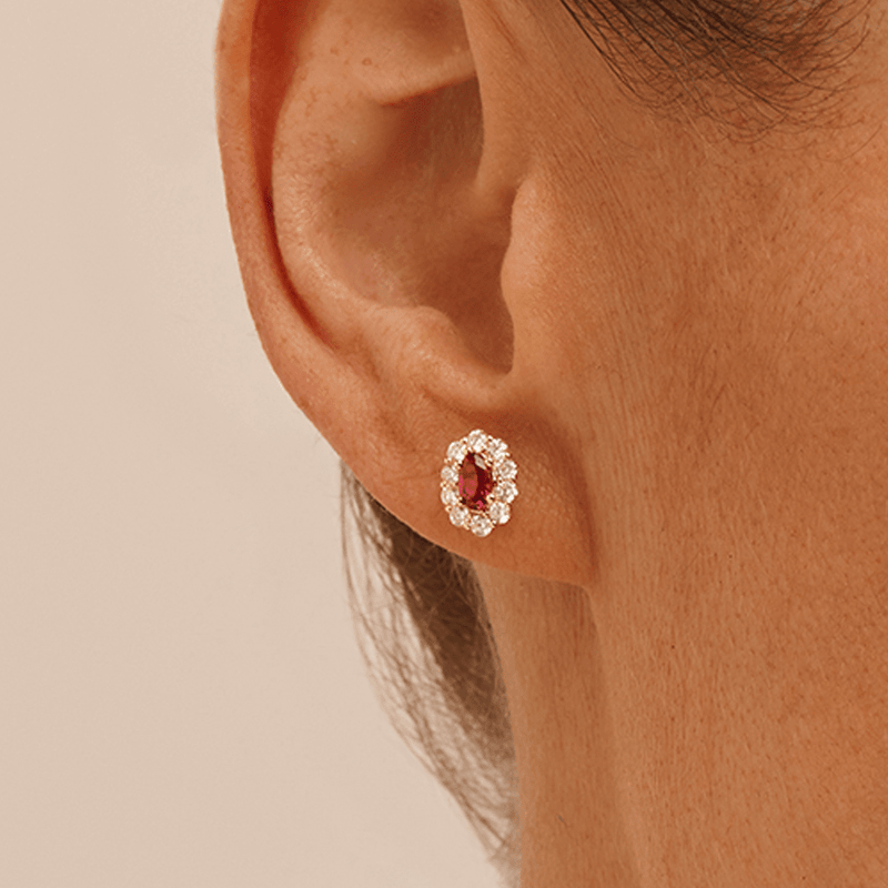 Oval Created Ruby Halo Stud Earrings with 0.44tw of Laboratory-Grown Diamonds in 9kt Yellow Gold Earrings Bevilles 