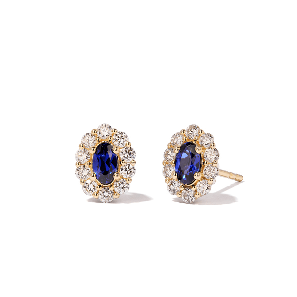 Oval Created Sapphire Halo Stud Earrings with 0.44tw of Laboratory-Grown Diamonds in 9kt Yellow Gold Earrings Bevilles 