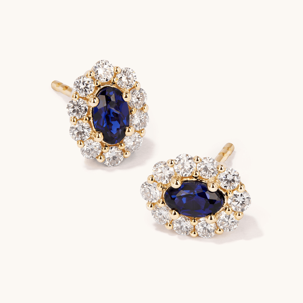 Oval Created Sapphire Halo Stud Earrings with 0.44tw of Laboratory-Grown Diamonds in 9kt Yellow Gold Earrings Bevilles 