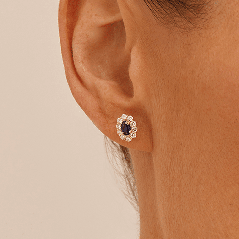 Oval Created Sapphire Halo Stud Earrings with 0.44tw of Laboratory-Grown Diamonds in 9kt Yellow Gold Earrings Bevilles 