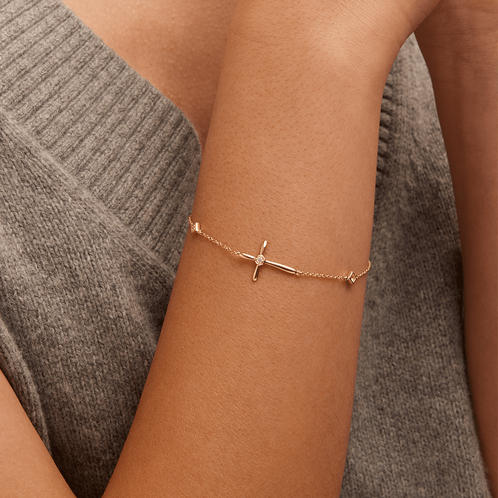 19cm Cross Station Bracelet with 0.05tw of Laboratory-Grown Diamonds in 9kt Yellow Gold Bracelets Bevilles 