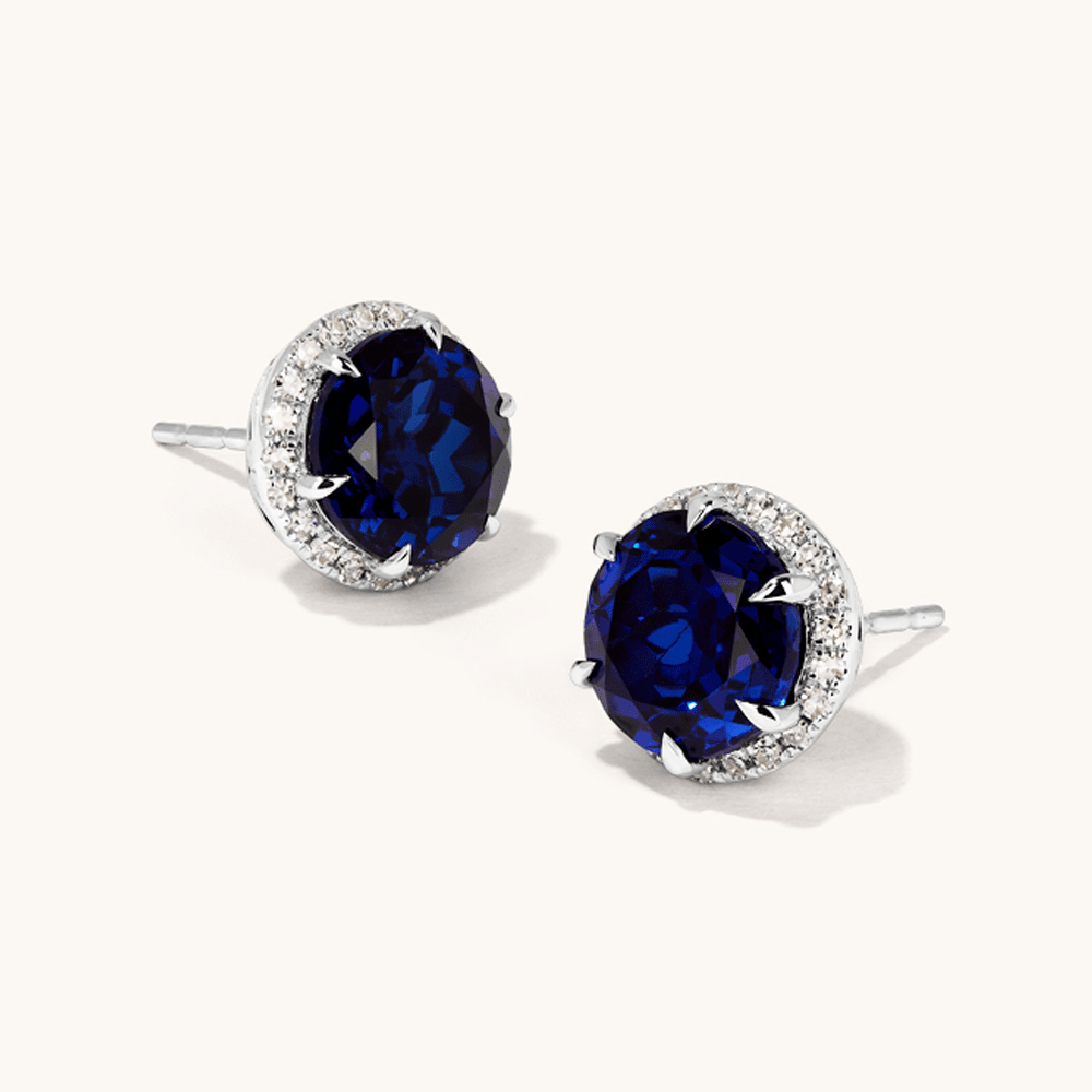 Halo Stud Earrings with Created Sapphires and 0.22tw of Laboratory-Grown Diamonds in Sterling Silver and Platinum Earrings Bevilles 