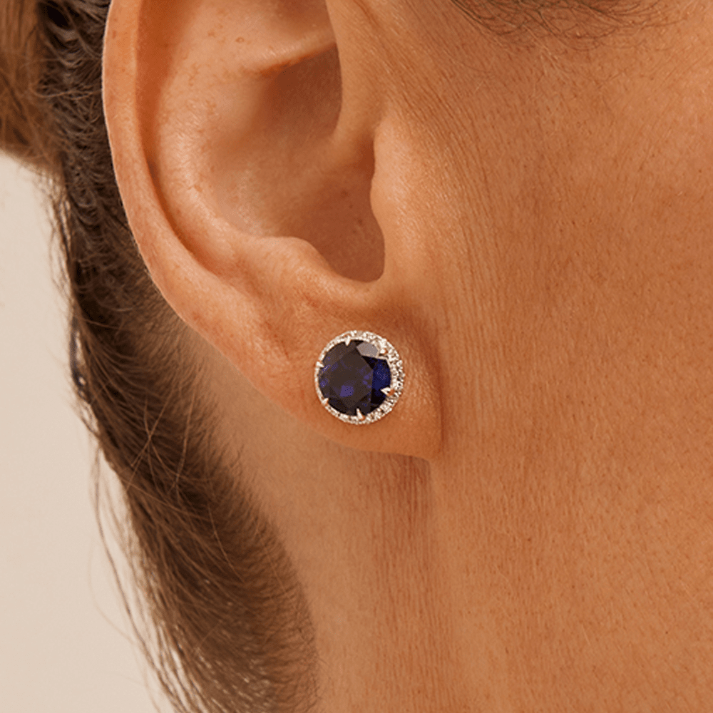 Halo Stud Earrings with Created Sapphires and 0.22tw of Laboratory-Grown Diamonds in Sterling Silver and Platinum Earrings Bevilles 