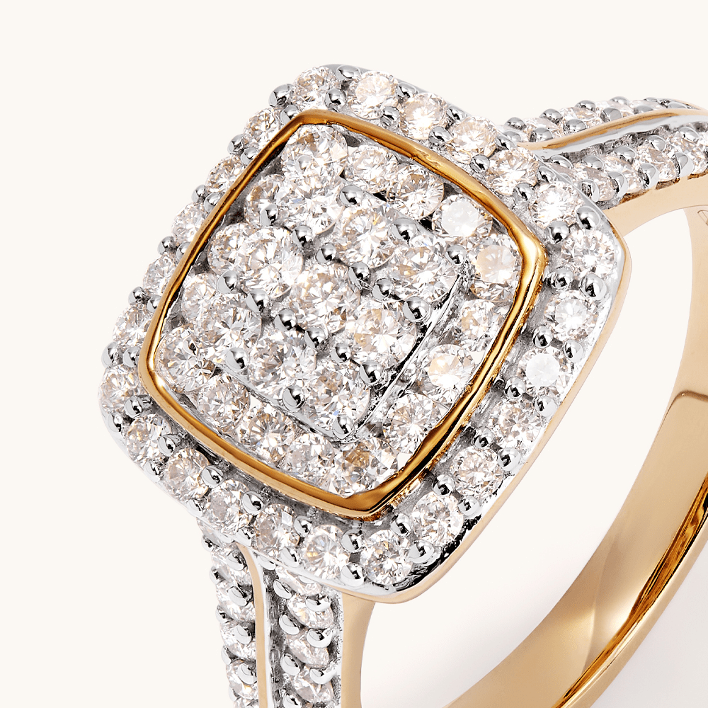 Cushion Shaped Ring with 1.00tw of Laboratory-Grown Diamonds in 9kt Yellow Gold Rings Bevilles 