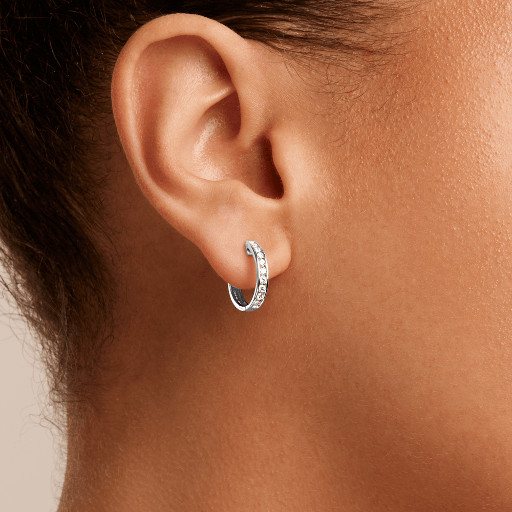 14mm Channel Huggie Earrings with 0.50tw of Laboratory-Grown Diamonds in Sterling Silver with Platinum Coating Earrings Bevilles 