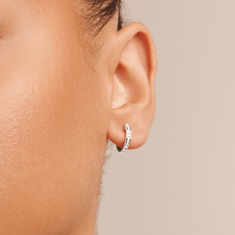 12mm Channel Huggie Earrings with 0.20tw of Laboratory-Grown Diamonds in Sterling Silver with Platinum Coating Earrings Bevilles 