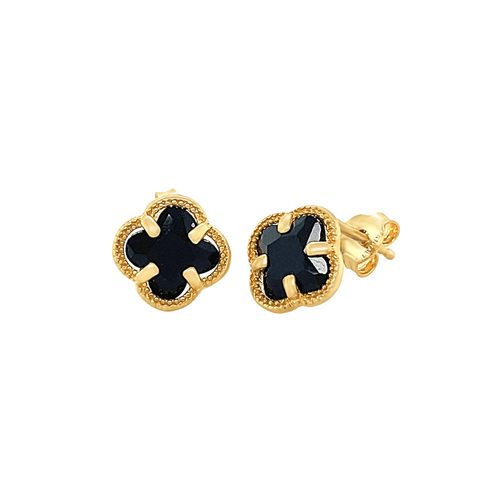 Black Crystal Clover Stud Earrings in 9kt Yellow Bonded Gold Earrings Bevilles 