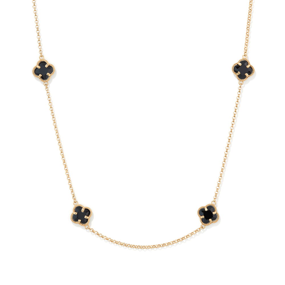 43cm Black Crystal Clover Station Chain Necklace in 9kt Yellow Bonded Gold Pendants Bevilles 