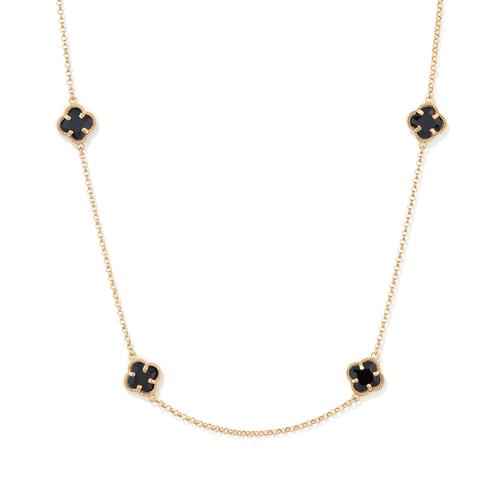 43cm Black Crystal Clover Station Chain Necklace in 9kt Yellow Bonded Gold Pendants Bevilles 
