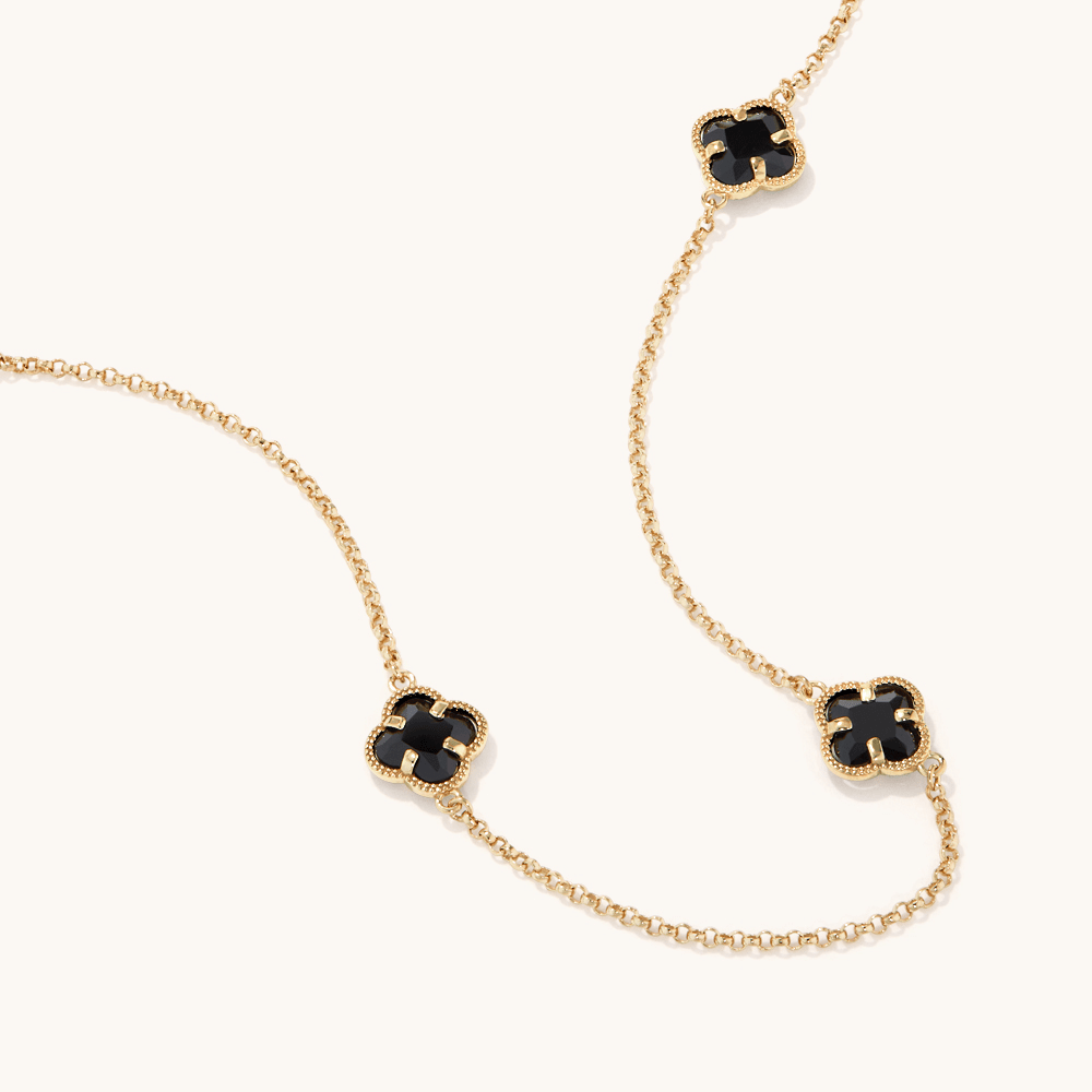 43cm Black Crystal Clover Station Chain Necklace in 9kt Yellow Bonded Gold Pendants Bevilles 