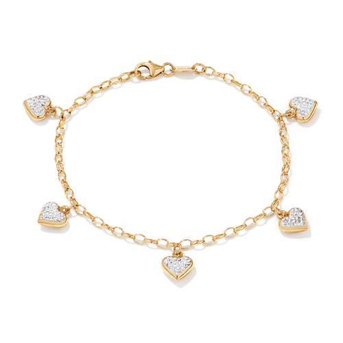 19cm Crystal Heart Charm Bracelet in 9kt Bonded Gold Silver Filled Bracelets Bevilles 