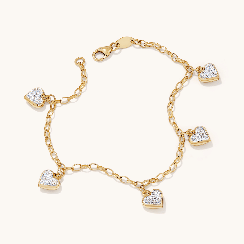 19cm Crystal Heart Charm Bracelet in 9kt Bonded Gold Silver Filled Bracelets Bevilles 