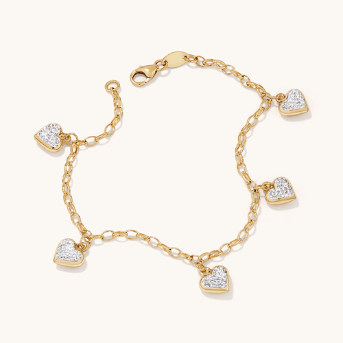 19cm Crystal Heart Charm Bracelet in 9kt Bonded Gold Silver Filled Bracelets Bevilles 