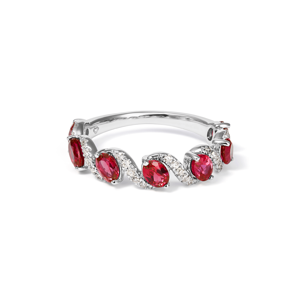 Oval Created Ruby Swirl Ring with 0.14tw of Laboratory-Grown Diamonds in Sterling Silver and Platinum Rings Bevilles 