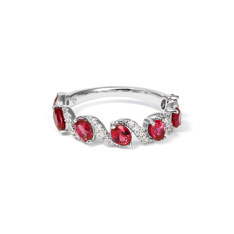 Oval Created Ruby Swirl Ring with 0.14tw of Laboratory-Grown Diamonds in Sterling Silver and Platinum Rings Bevilles 