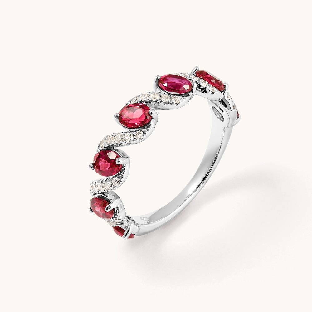 Oval Created Ruby Swirl Ring with 0.14tw of Laboratory-Grown Diamonds in Sterling Silver and Platinum Rings Bevilles 