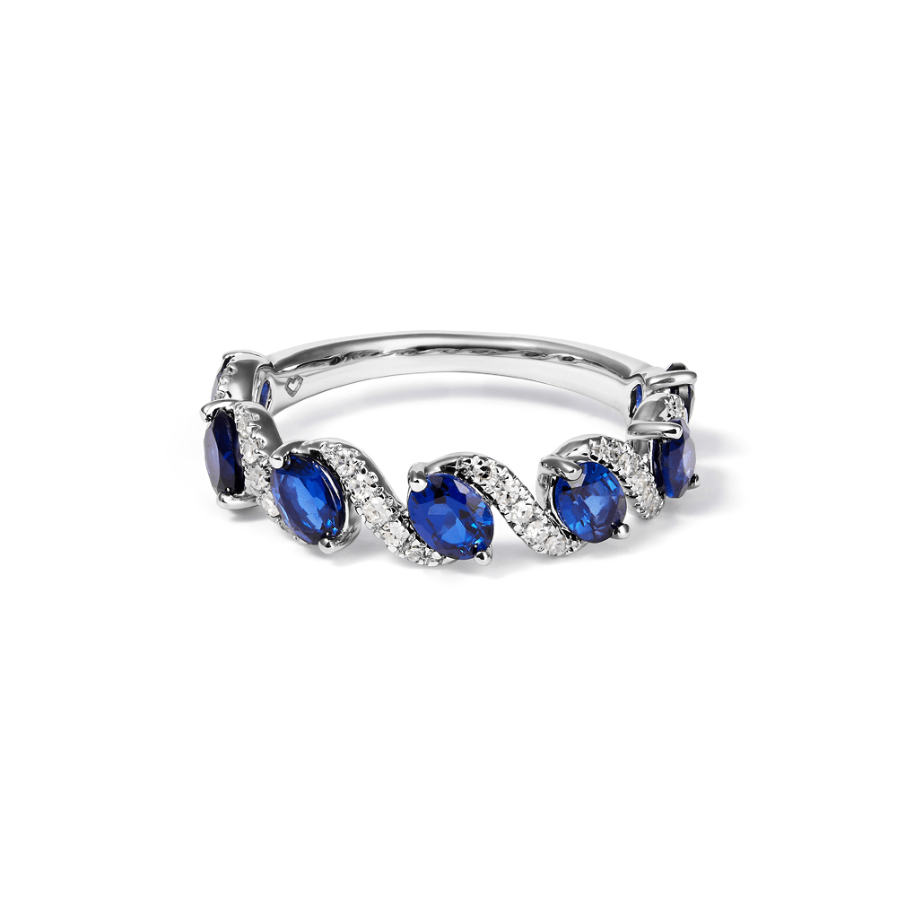 Oval Created Sapphire Swirl Ring with 0.14tw of Laboratory-Grown Diamonds in Sterling Silver and Platinum Rings Bevilles 
