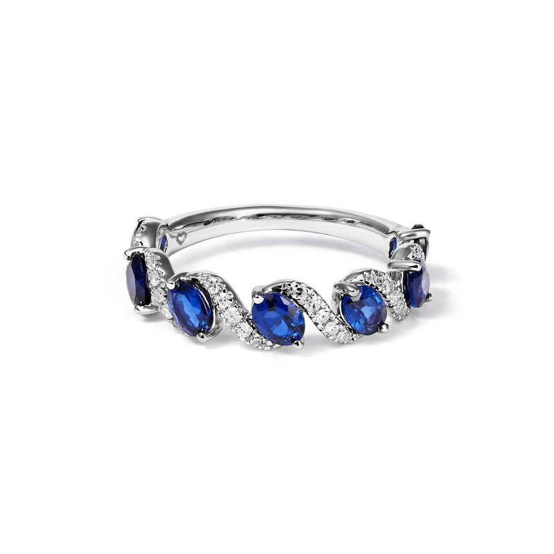 Oval Created Sapphire Swirl Ring with 0.14tw of Laboratory-Grown Diamonds in Sterling Silver and Platinum Rings Bevilles 