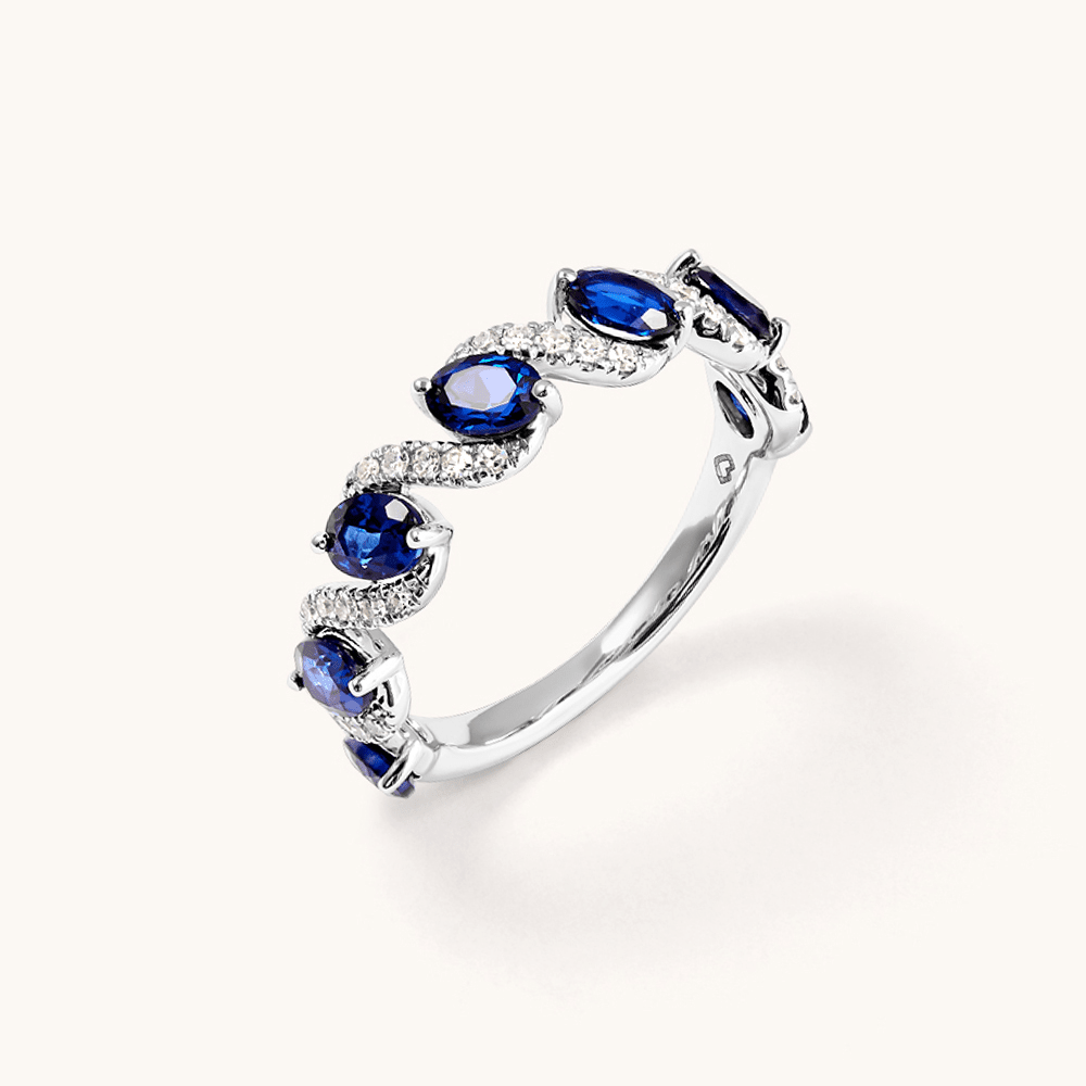 Oval Created Sapphire Swirl Ring with 0.14tw of Laboratory-Grown Diamonds in Sterling Silver and Platinum Rings Bevilles 