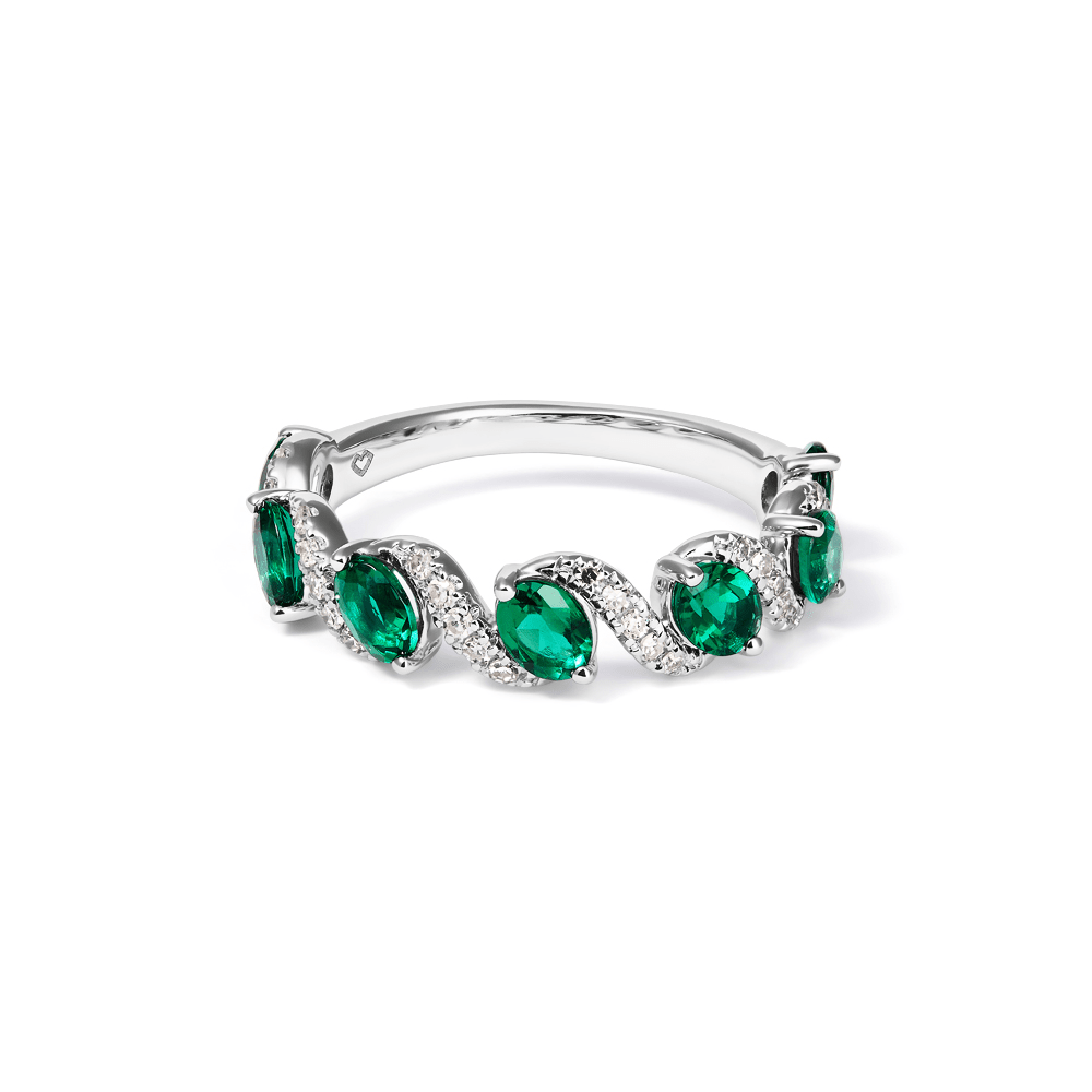 Oval Created Emerald Swirl Ring with 0.14tw of Laboratory-Grown Diamonds in Sterling Silver and Platinum Rings Bevilles 