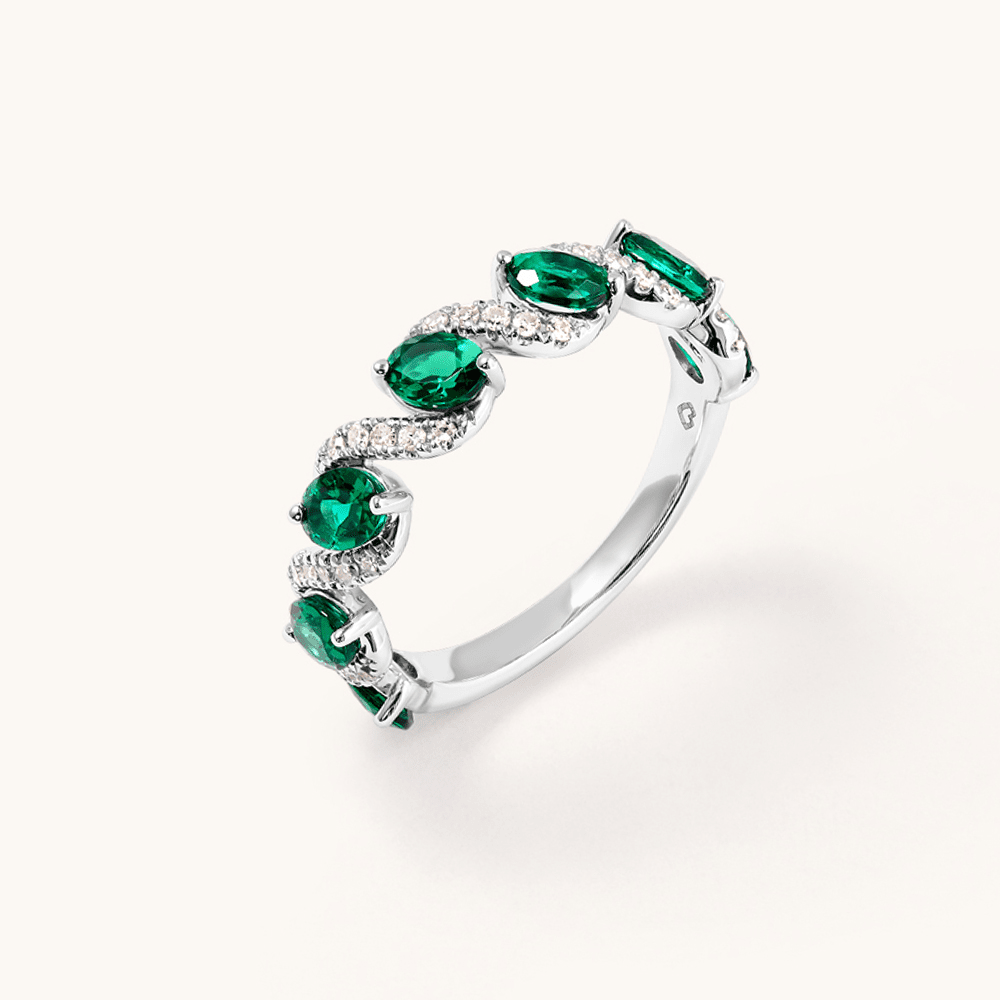 Oval Created Emerald Swirl Ring with 0.14tw of Laboratory-Grown Diamonds in Sterling Silver and Platinum Rings Bevilles 