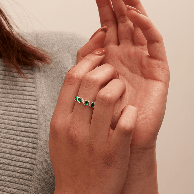 Oval Created Emerald Swirl Ring with 0.14tw of Laboratory-Grown Diamonds in Sterling Silver and Platinum Rings Bevilles 
