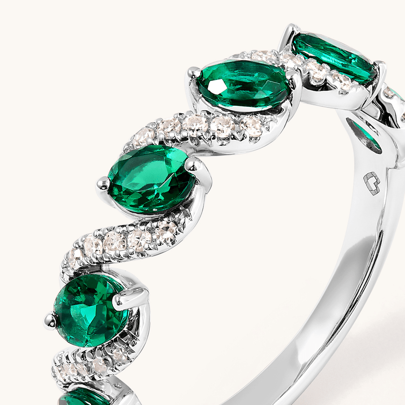 Oval Created Emerald Swirl Ring with 0.14tw of Laboratory-Grown Diamonds in Sterling Silver and Platinum Rings Bevilles 