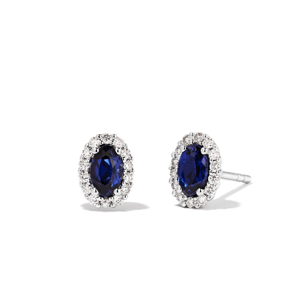 Oval Created Sapphire Halo Stud Earrings with 0.14tw of Laboratory-Grown Diamonds in Sterling Silver and Platinum Earrings Bevilles 