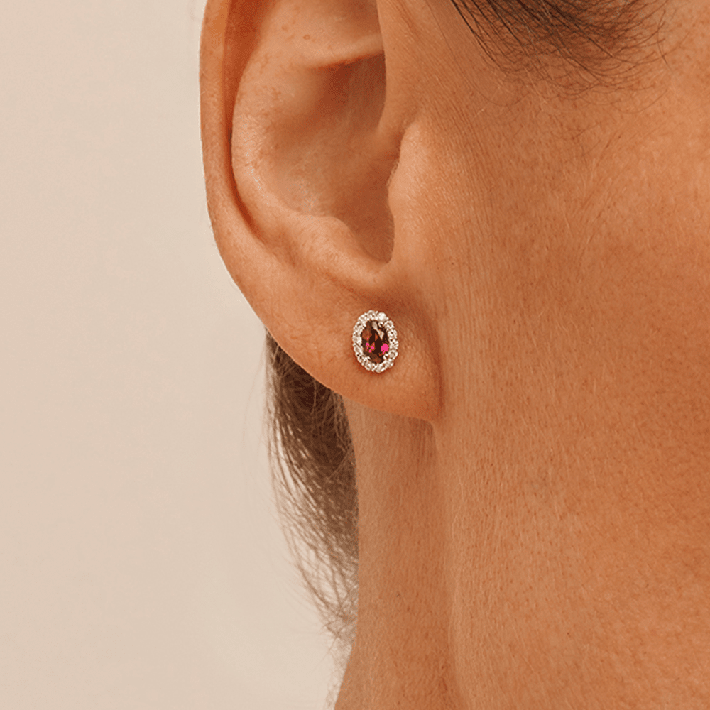 Oval Created Ruby Halo Stud Earrings with 0.14tw of Laboratory-Grown Diamonds in Sterling Silver and Platinum Earrings Bevilles 