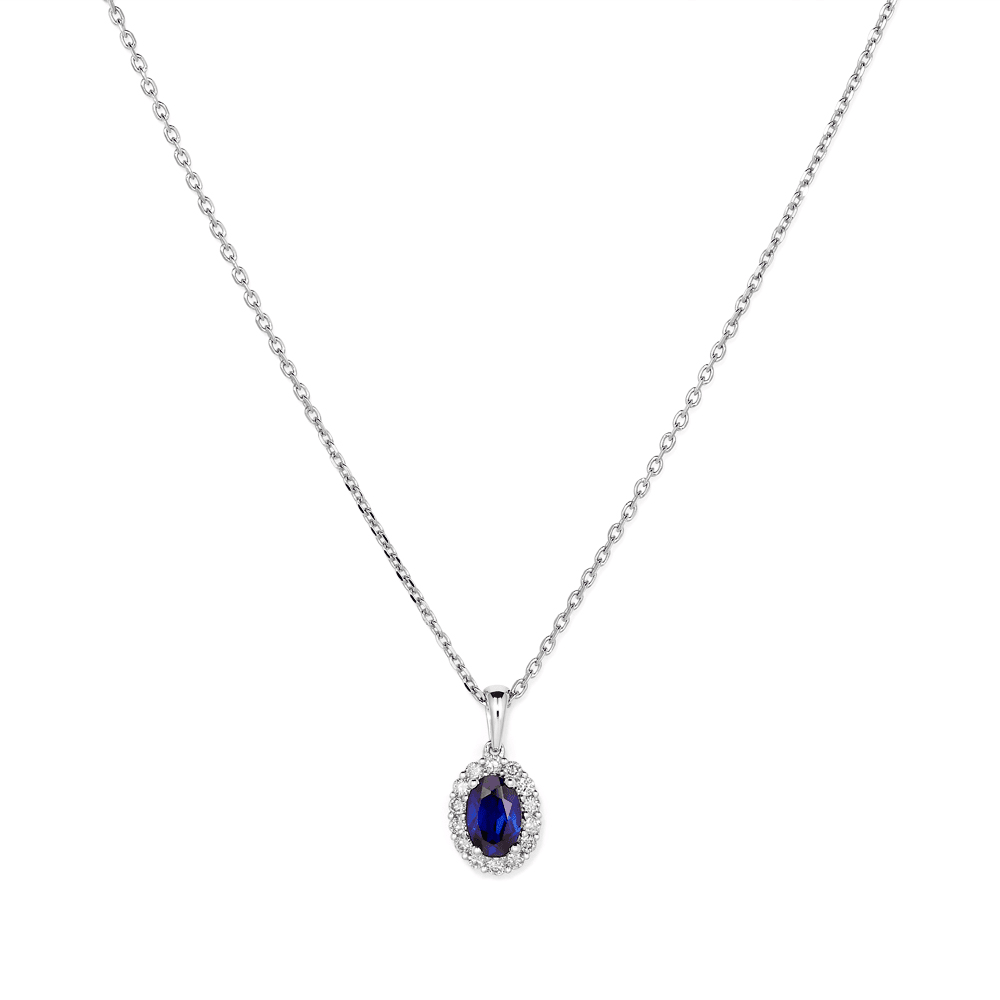 45cm Oval Created Sapphire Halo Pendant Necklace with 0.13tw of Laboratory-Grown Diamonds in Sterling Silver and Platinum Pendants Bevilles 
