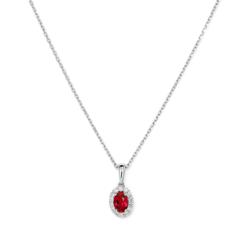 45cm Oval Created Ruby Halo Pendant Necklace with 0.13tw of Laboratory-Grown Diamonds in Sterling Silver and Platinum Pendants Bevilles 