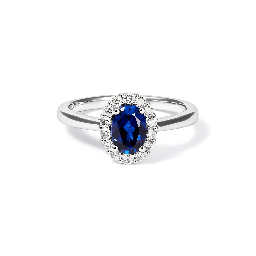 Oval Created Sapphire Halo Ring with 0.23tw of Laboratory-Grown Diamonds in Sterling Silver and Platinum Rings Bevilles 