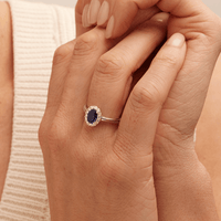 Oval Created Sapphire Halo Ring with 0.23tw of Laboratory-Grown Diamonds in Sterling Silver and Platinum Rings Bevilles 