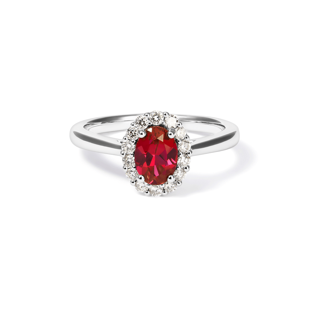 Oval Created Ruby Halo Ring with 0.23tw of Laboratory-Grown Diamonds in Sterling Silver and Platinum Rings Bevilles 