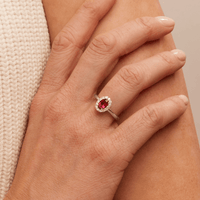 Oval Created Ruby Halo Ring with 0.23tw of Laboratory-Grown Diamonds in Sterling Silver and Platinum Rings Bevilles 