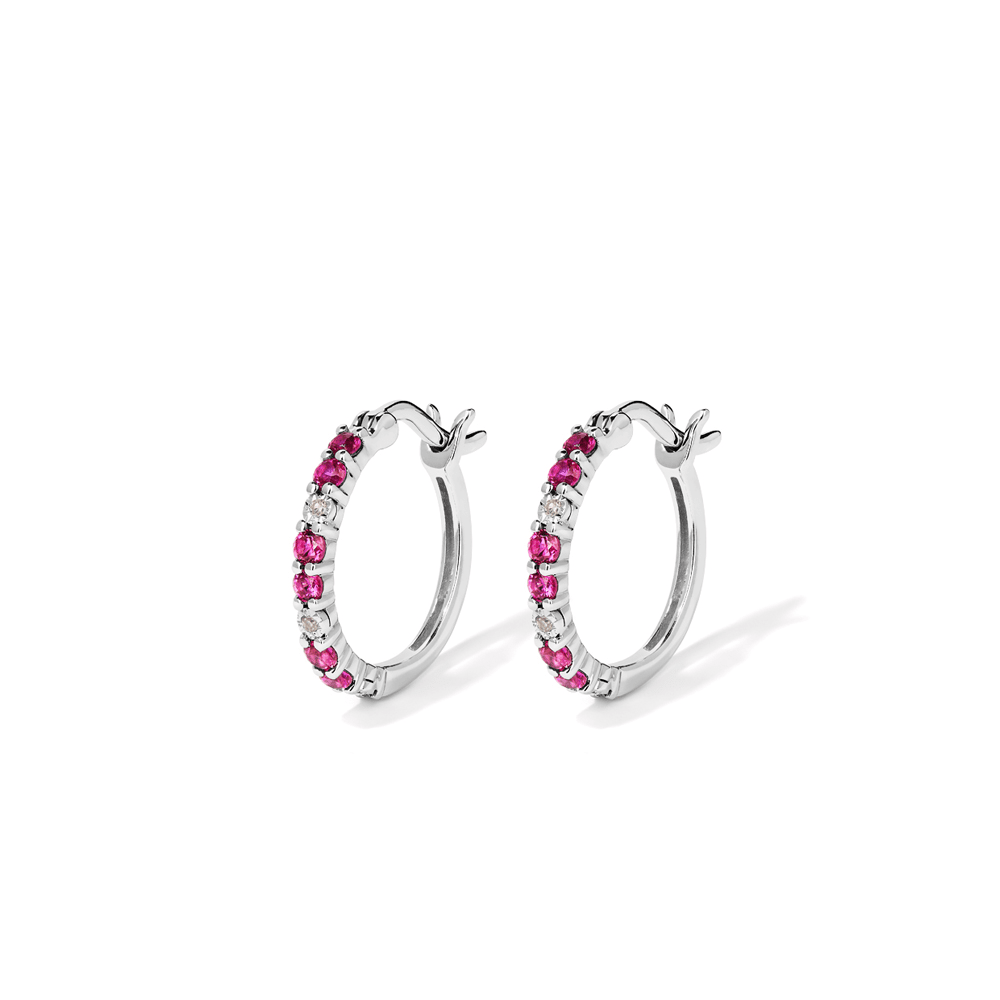 Hoop Earrings with Created Ruby and 0.02tw of Laboratory-Grown Diamonds in Sterling Silver and Platinum Earrings Bevilles 