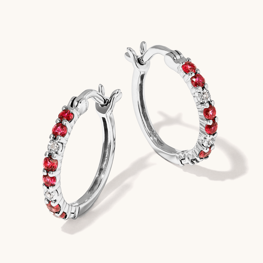 Hoop Earrings with Created Ruby and 0.02tw of Laboratory-Grown Diamonds in Sterling Silver and Platinum Earrings Bevilles 