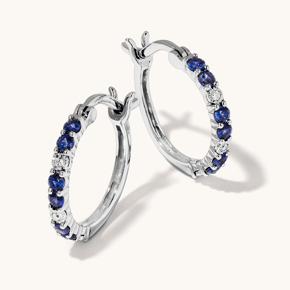 Hoop Earrings with Created Sapphire and 0.02tw of Laboratory-Grown Diamonds in Sterling Silver and Platinum Earrings Bevilles 