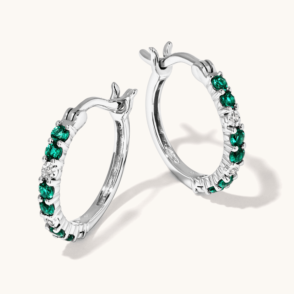 Hoop Earrings with Created Emerald and 0.02tw of Laboratory-Grown Diamonds in Sterling Silver and Platinum Earrings Bevilles 