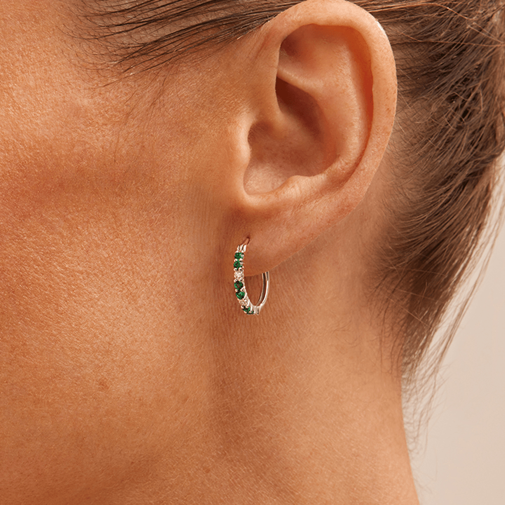 Hoop Earrings with Created Emerald and 0.02tw of Laboratory-Grown Diamonds in Sterling Silver and Platinum Earrings Bevilles 