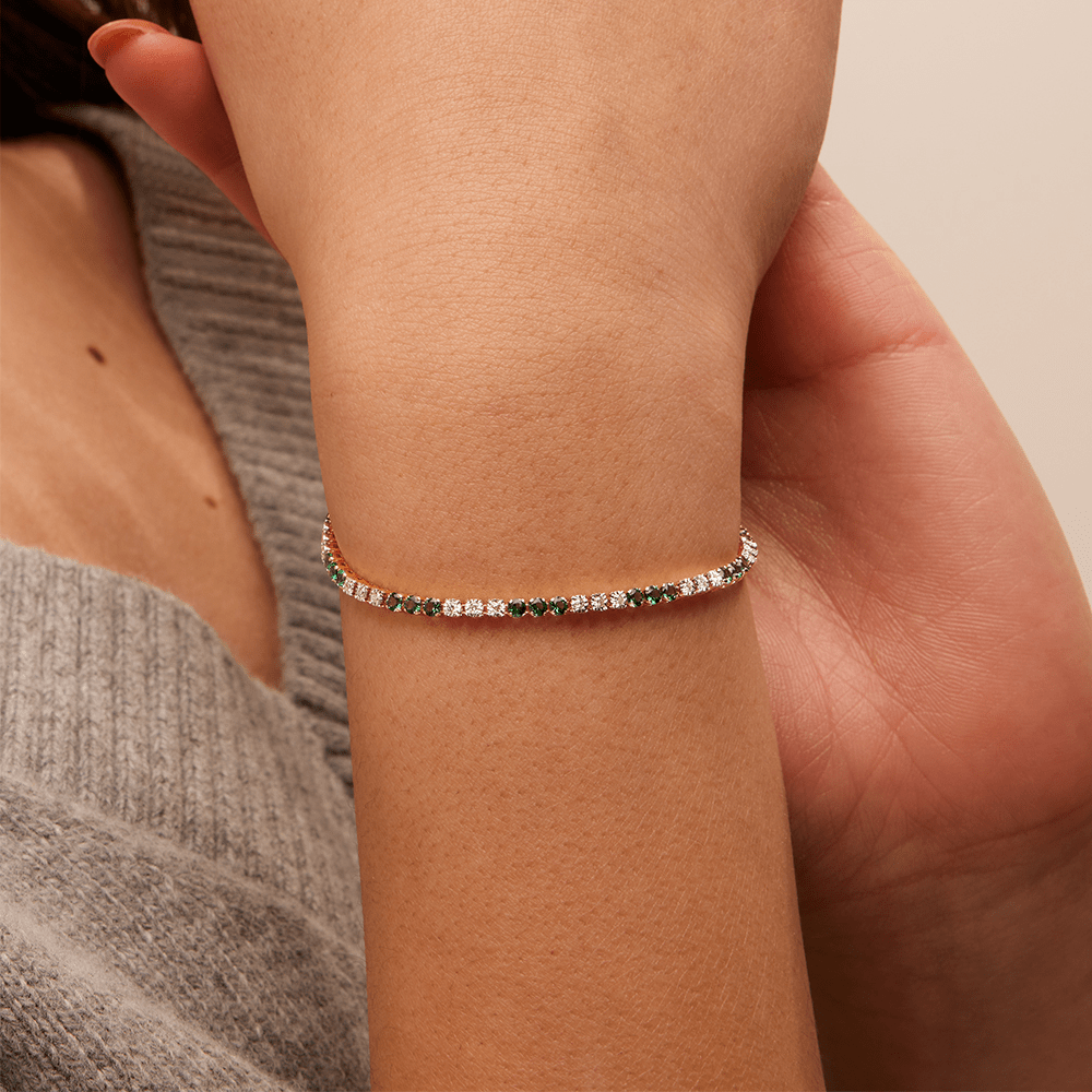 18cm Alternating Created Emerald Tennis Bracelet with 0.25tw of Laboratory-Grown Diamonds in 9kt Yellow Gold Bracelets Bevilles 
