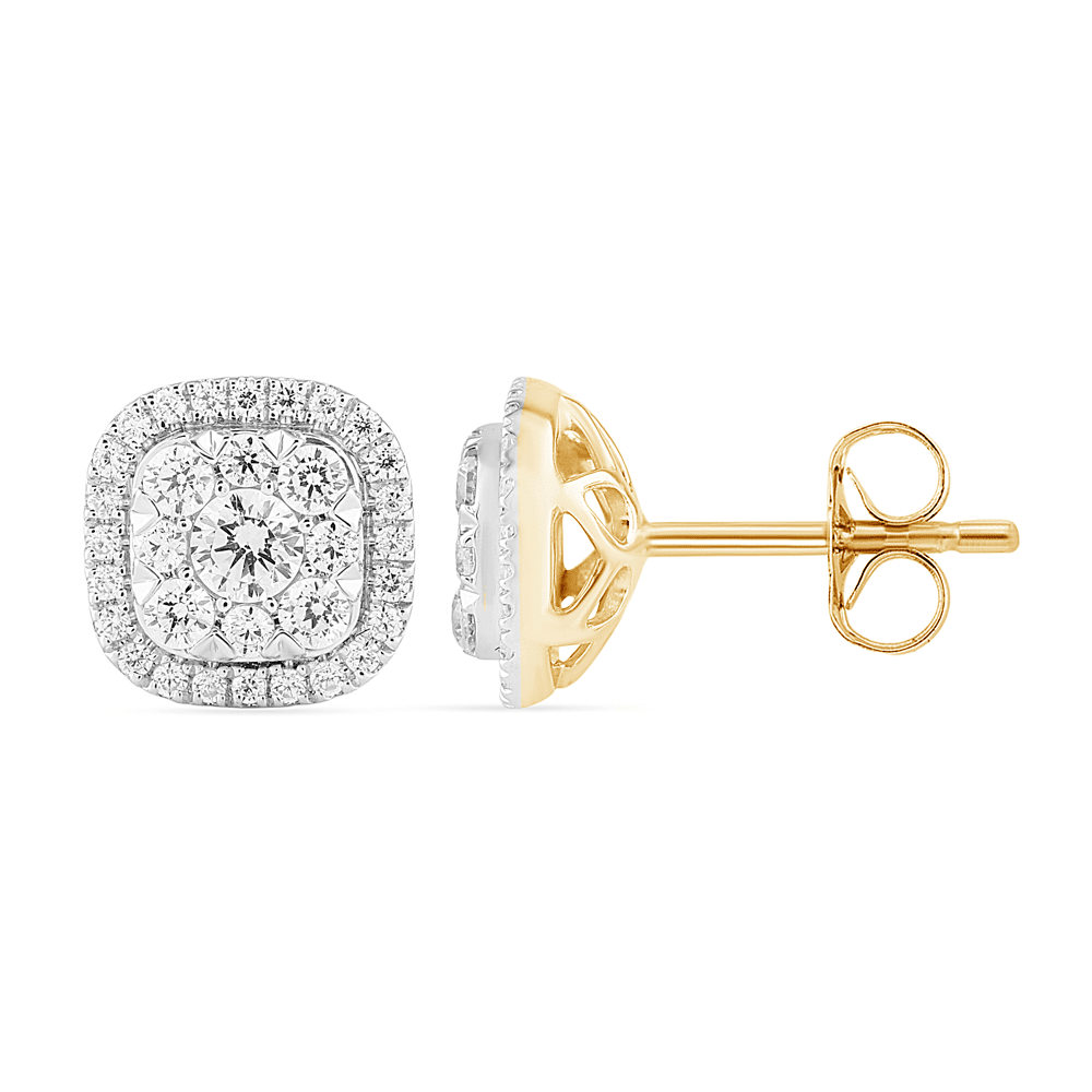 Cushion Shape Cluster Halo Stud Earrings with 1.00tw of Laboratory-Grown Diamonds in 9kt Yellow Gold Earrings Bevilles 