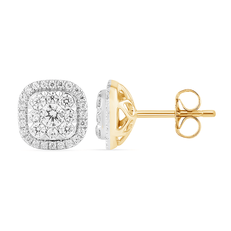 Cushion Shape Cluster Halo Stud Earrings with 1.00tw of Laboratory-Grown Diamonds in 9kt Yellow Gold Earrings Bevilles 