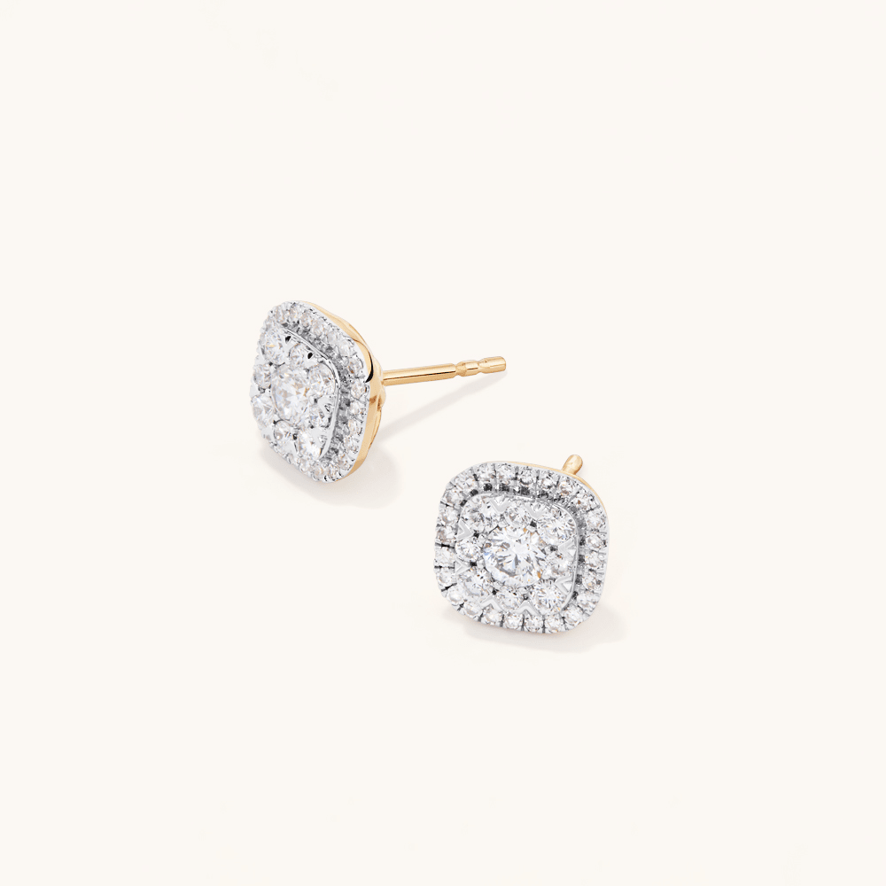 Cushion Shape Cluster Halo Stud Earrings with 1.00tw of Laboratory-Grown Diamonds in 9kt Yellow Gold Earrings Bevilles 