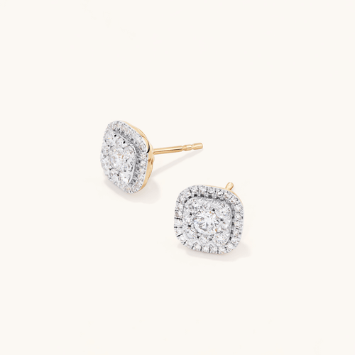 Cushion Shape Cluster Halo Stud Earrings with 1.00tw of Laboratory-Grown Diamonds in 9kt Yellow Gold Earrings Bevilles 