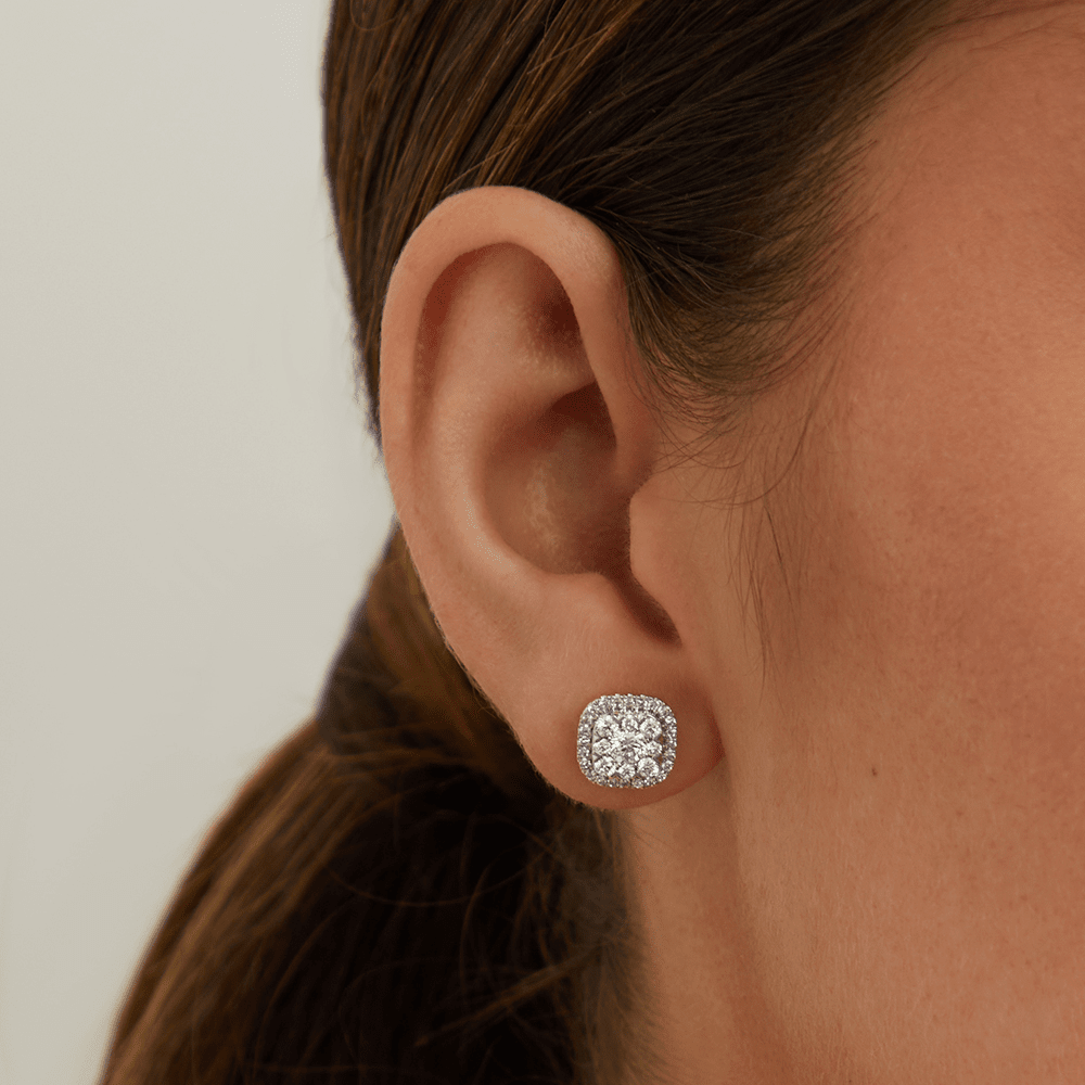 Cushion Shape Cluster Halo Stud Earrings with 1.00tw of Laboratory-Grown Diamonds in 9kt Yellow Gold Earrings Bevilles 