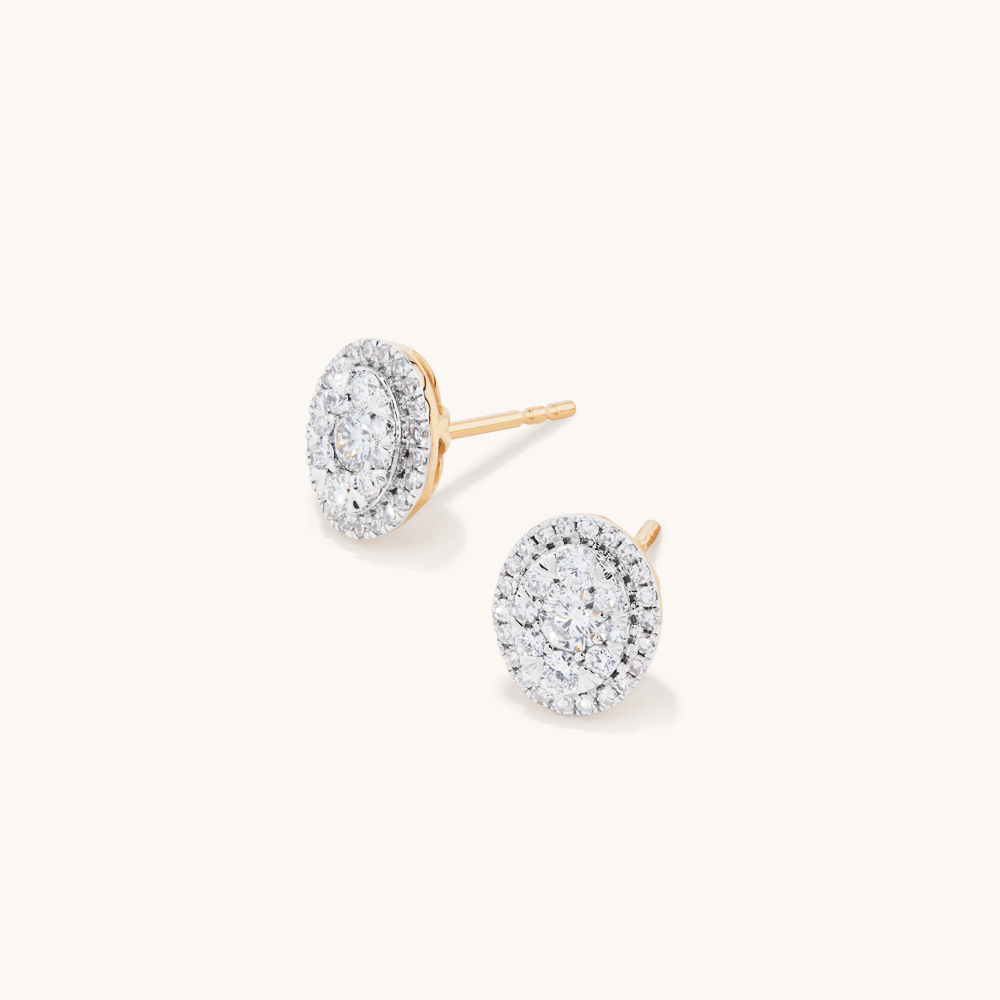 Oval Shape Cluster Halo Stud Earrings with 0.75tw of Laboratory-Grown Diamonds in 9kt Yellow Gold Earrings Bevilles 