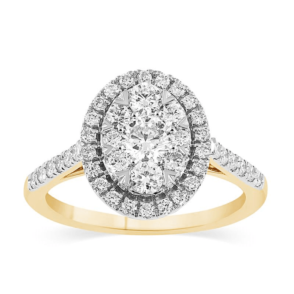 Oval Shape Cluster Halo Ring with 1.00tw of Laboratory-Grown Diamonds in 9kt Yellow Gold Rings Bevilles 
