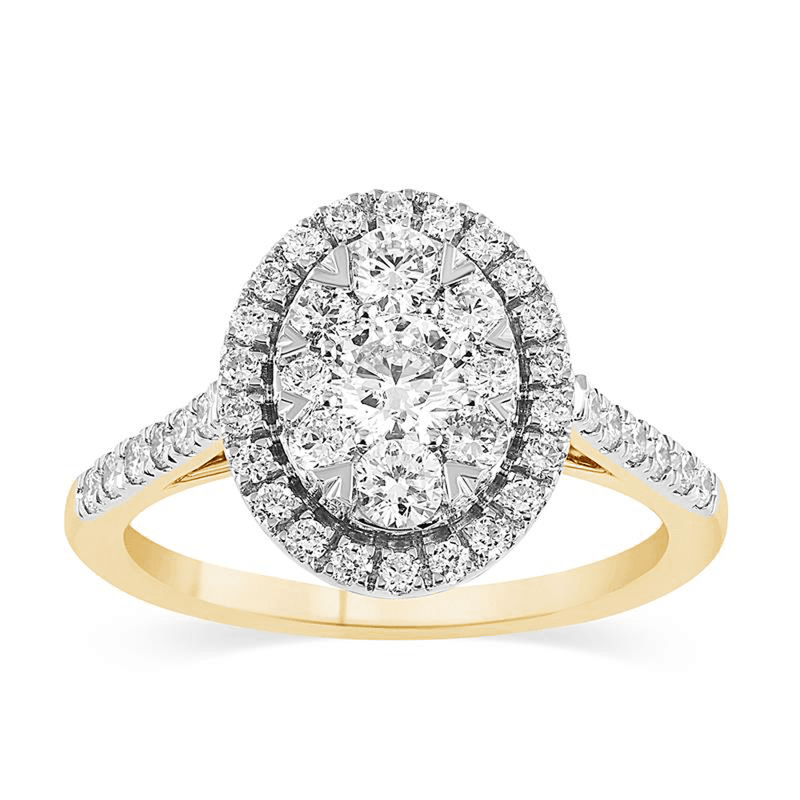 Oval Shape Cluster Halo Ring with 1.00tw of Laboratory-Grown Diamonds in 9kt Yellow Gold Rings Bevilles 