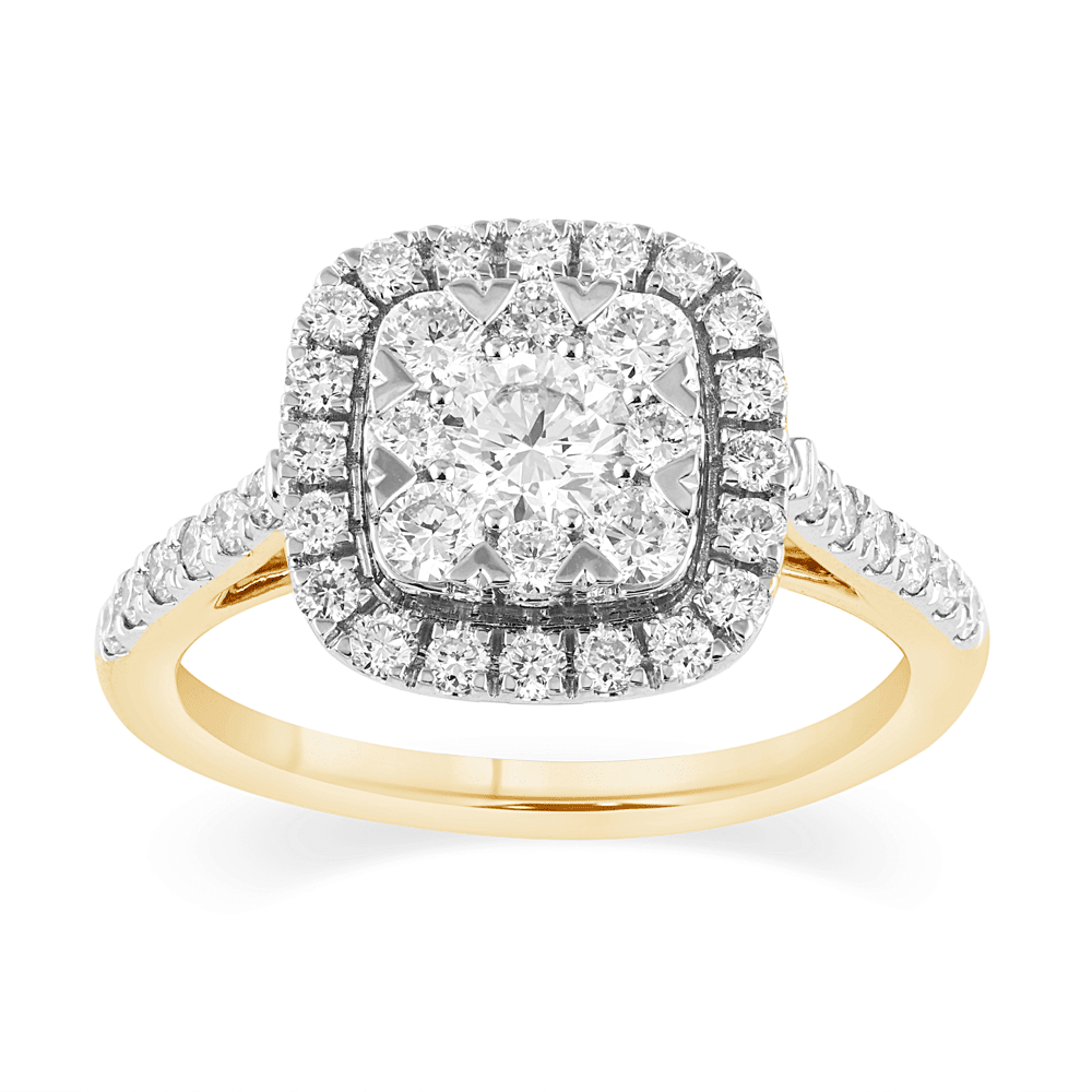 Cushion Shape Cluster Halo Ring with 1.00tw of Laboratory-Grown Diamonds in 9kt Yellow Gold Rings Bevilles 